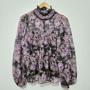 Hailey & Co Womens Dark Floral Boho Peasant Top Sz L Whimsigoth Sheer Romantic